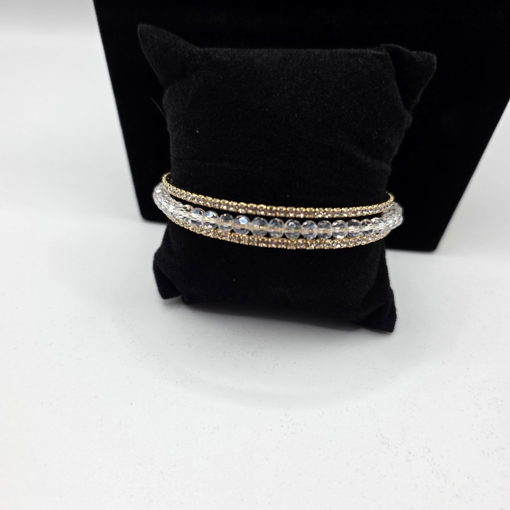Gold Tone Rhinestone and Crystal Bead Multi Row Cuff Bracelet Bridal Glamour